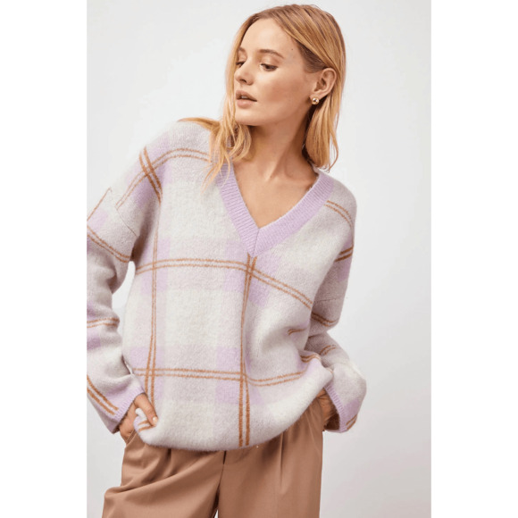 Rails Womens M Colleen Sweater Boxy V-Neck Plaid Wool Mohair Purple Cream Preppy - Picture 1 of 14